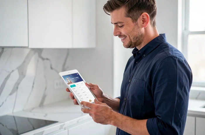 Homme utilisant une tablette pour naviguer facilement dans le plan du site d'une boutique enfants en ligne