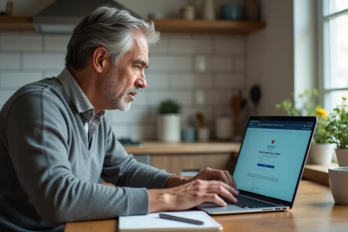 Homme en télétravail consultant le webmail Mel2Web depuis son domicile sur un ordinateur portable