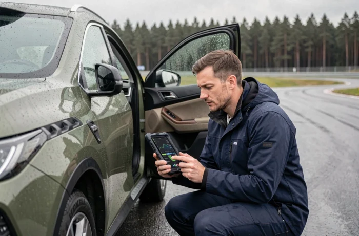 Ingénieur automobile inspectant un SUV hybride prototype sur une piste d'essai sous ciel nuageux