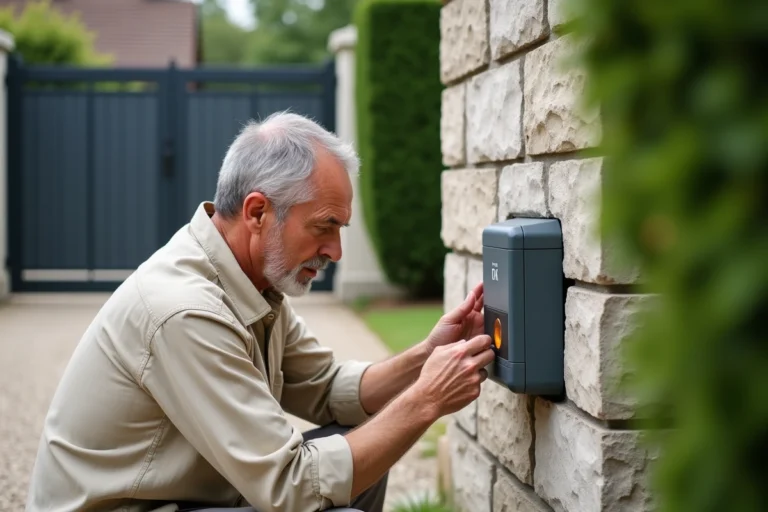 Homme inspectant le voyant clignotant sur le moteur de portail électrique Somfy fixé sur un pilier en pierre