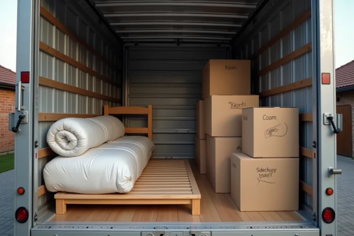 Intérieur d'un camion 10 m3 bien organisé avec matelas, meubles démontés et cartons étiquetés pour un déménagement