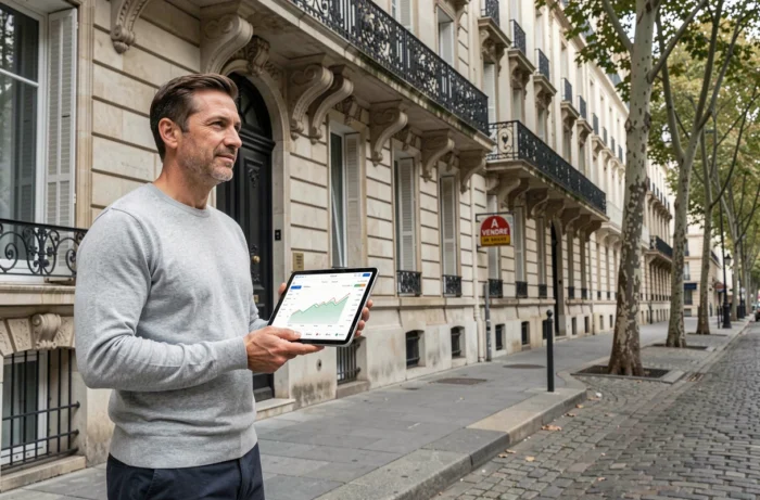 Investisseur immobilier devant un immeuble haussmannien à vendre à Paris avec données de rendement sur tablette