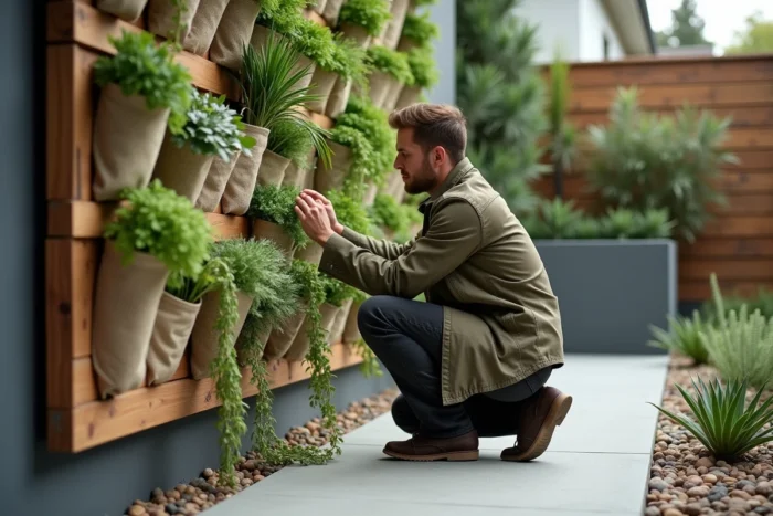 Homme installant un jardin vertical mural avec des plantes retombantes dans un jardin contemporain