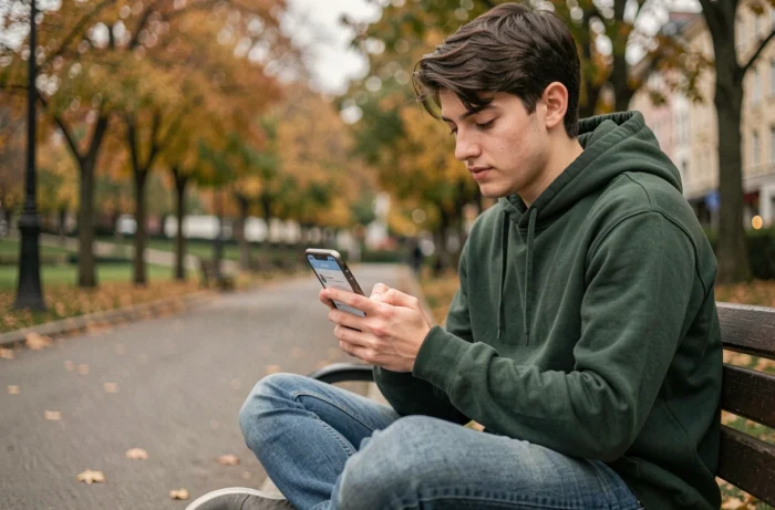Jeune adulte consultant une application d'emploi spécialisée sur smartphone dans un parc urbain en automne