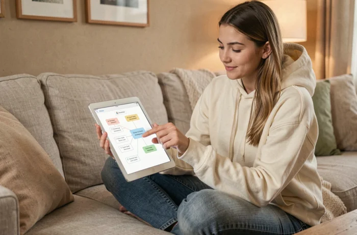 Jeune femme consultant un plan de site web sur une tablette depuis son canapé dans un salon chaleureux