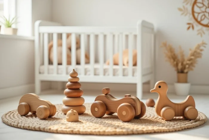 Collection de jouets en bois certifiés FSC disposés sur un tapis en jute dans une chambre de bébé lumineuse avec un berceau blanc en arrière-plan