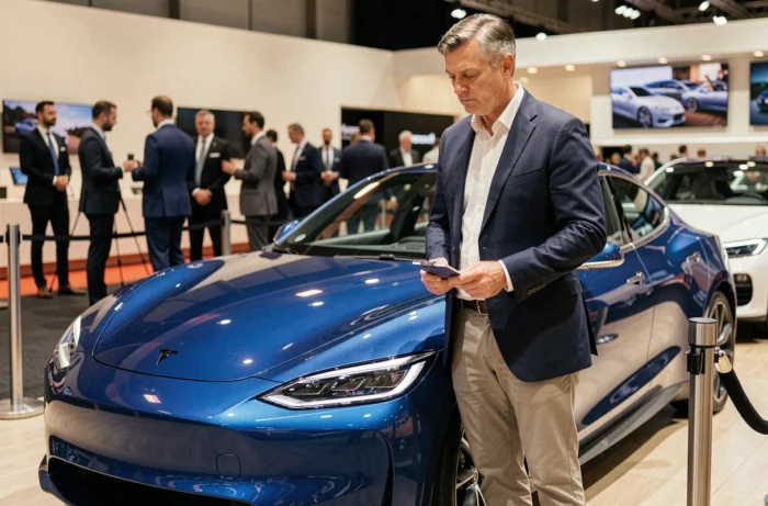 Journaliste automobile en blazer marine prenant des notes devant une voiture électrique de concept au Mondial de l'automobile de Paris lors de la journée presse
