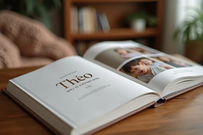 Livre photo personnalisé ouvert sur une table en bois avec le prénom d'un bébé et une date de baptême gravés en lettres dorées sur la couverture