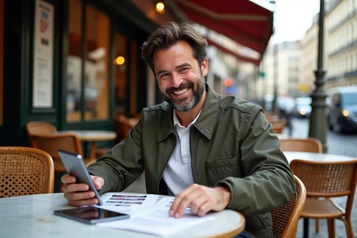 Homme locataire en terrasse de café parisien consultant des annonces de location imprimées et sur smartphone