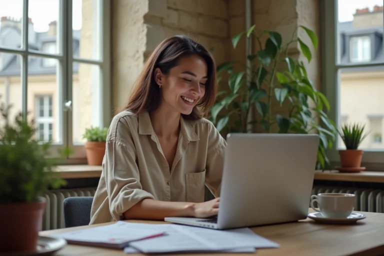 Jeune femme satisfaite consultant des annonces de location à Paris sur son ordinateur portable dans un appartement parisien