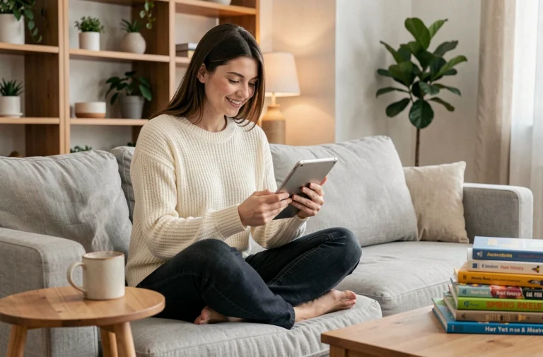 Jeune maman détendue sur un canapé gris consultant des conseils parentaux sur une tablette dans un salon chaleureux et moderne