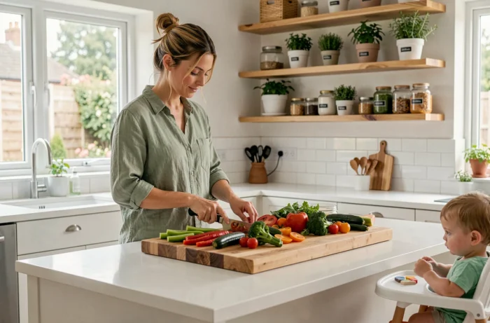 Maman active préparant un repas sain et coloré dans une cuisine familiale moderne avec un jeune enfant en arrière-plan