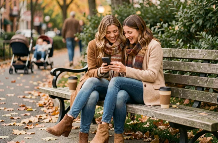 Deux mamans complices assis sur un banc dans un parc en automne partageant des astuces et tendances parentales sur un smartphone
