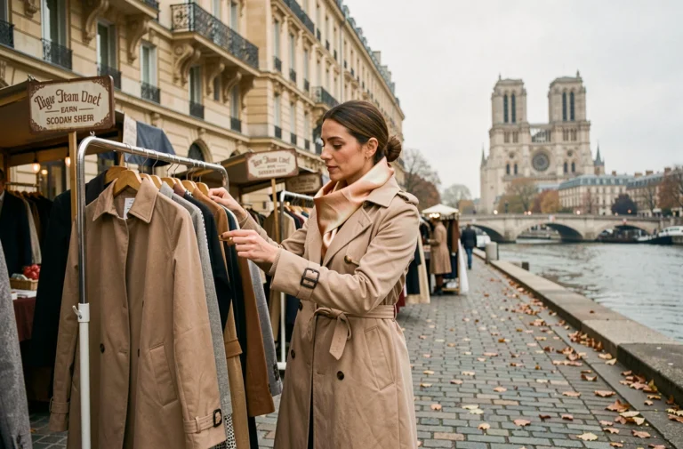 Femme élégante en trench-coat beige explorant un marché pop-up de mode en plein air au bord de la Seine à Paris en automne