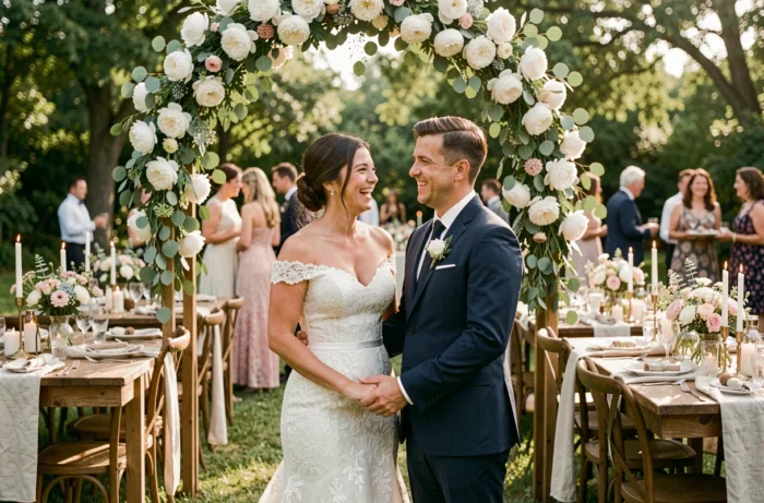 Couple de mariés souriant sous une arche florale dans un jardin décoré pour un mariage champêtre unique