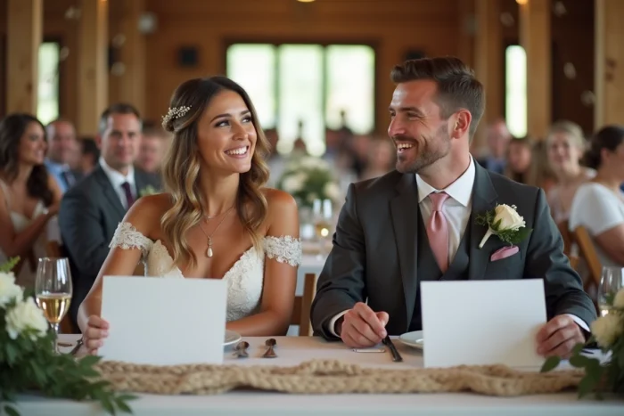 Mariés tenant des ardoises de réponses pendant le jeu Monsieur Madame lors d'un mariage en grange rustique