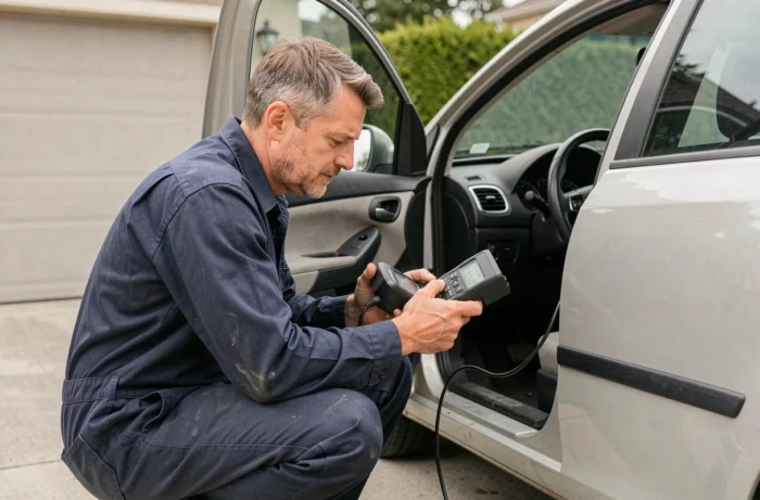 Mécanicien utilisant un scanner OBD-II sur une Opel Corsa pour réinitialiser le voyant orange clé