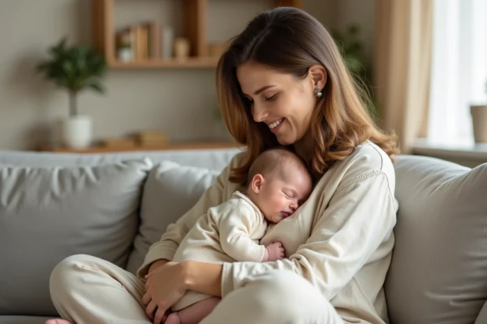 Jeune mère tenant son bébé endormi dans ses bras sur un canapé gris dans un intérieur cosy et chaleureux