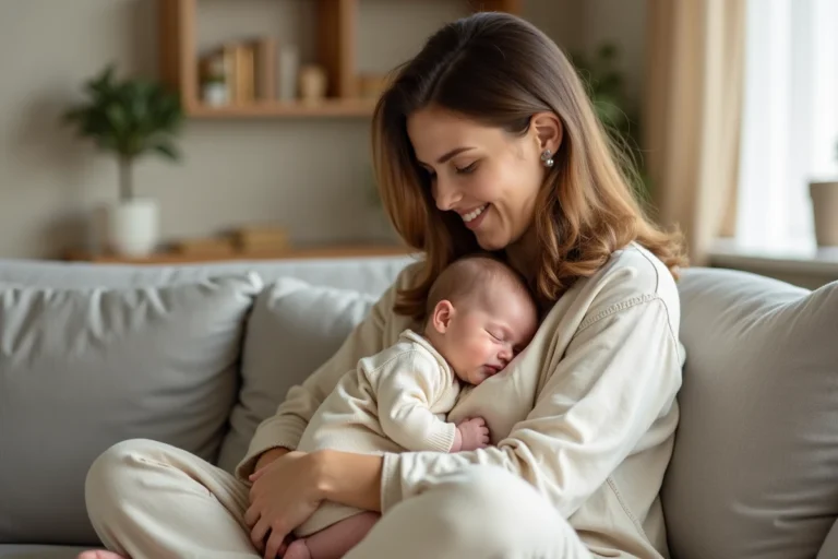 Jeune mère tenant son bébé endormi dans ses bras sur un canapé gris dans un intérieur cosy et chaleureux