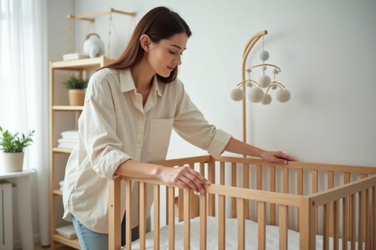 Mère évaluant la taille d'un lit bébé en bois naturel dans une chambre de bébé minimaliste