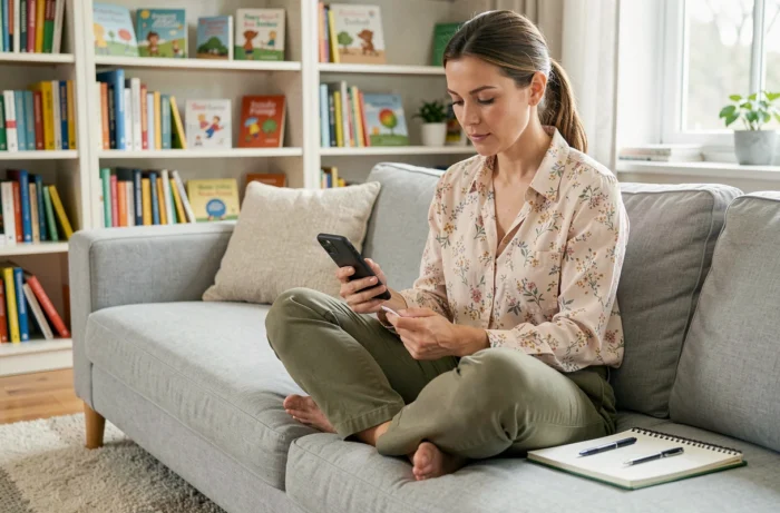 Mère de famille prenant des notes en consultant le plan du site Moon Kidsstore depuis son smartphone dans son salon