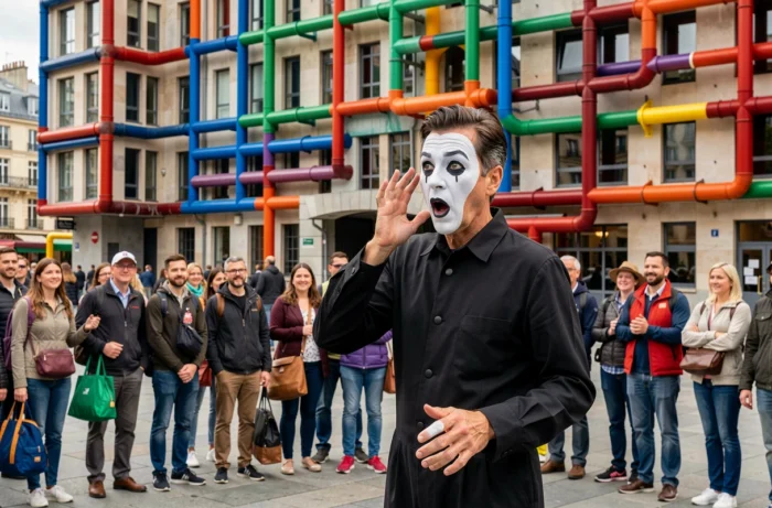 Artiste mime en costume noir se produisant devant le Centre Pompidou entouré d'une foule de touristes à Paris