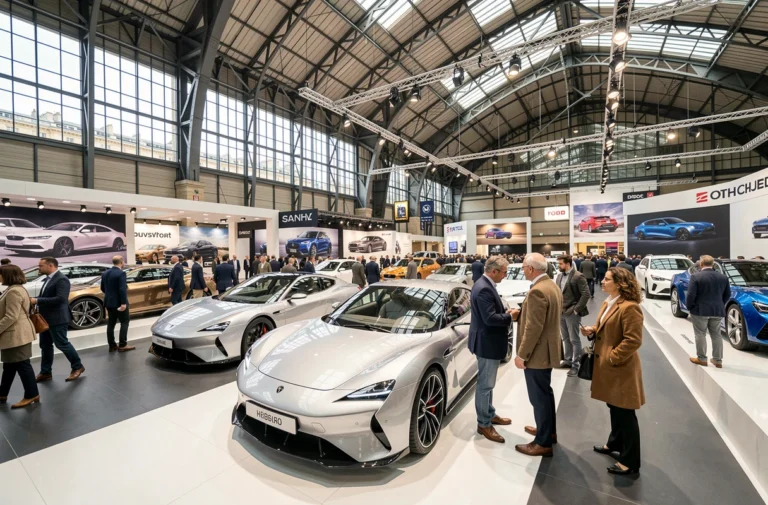 Vue grand angle de l'intérieur du Mondial de l'automobile à Paris, avec des visiteurs admirant des voitures de concept sur des plateformes élégantes sous une verrière en acier