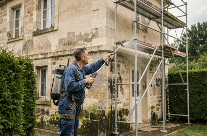 Technicien professionnel réalisant un nettoyage haute pression sur la façade en pierre d'une maison individuelle en France