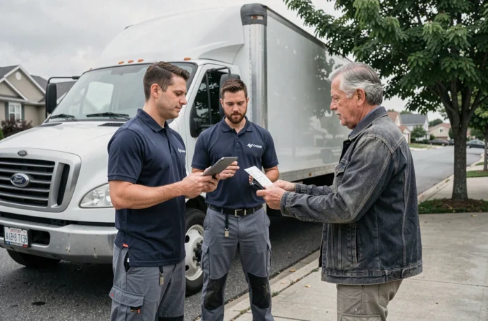 Un client règle sa prestation de déménagement au pied d'un camion professionnel en consultant un reçu numérique sur tablette avec les déménageurs
