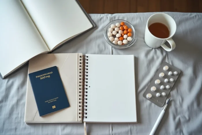 Flat-lay de paracétamol avec passeport et affaires de voyage sur bureau d'hôtel en Norvège