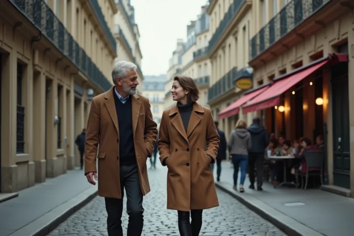 Un homme et une jeune femme marchent ensemble dans une rue pavée parisienne en automne dans une atmosphère complice et décontractée
