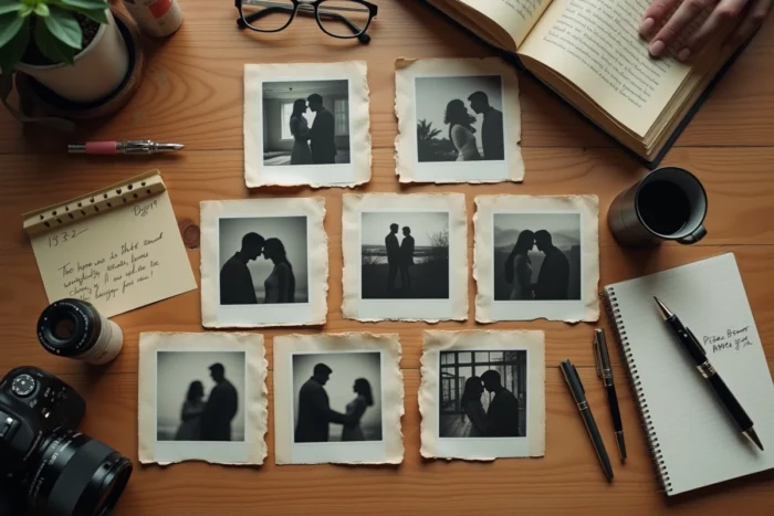 Collection de photographies vintage en noir et blanc éparpillées sur une table en bois évoquant des souvenirs personnels et une relation familiale