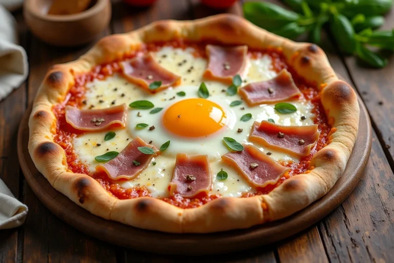 Pizza carbonara traditionnelle avec jaune d'œuf, guanciale et pecorino sur table en bois rustique