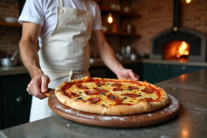 Chef pizzaiolo sortant une pizza carbonara crémeuse du four dans une pizzeria artisanale