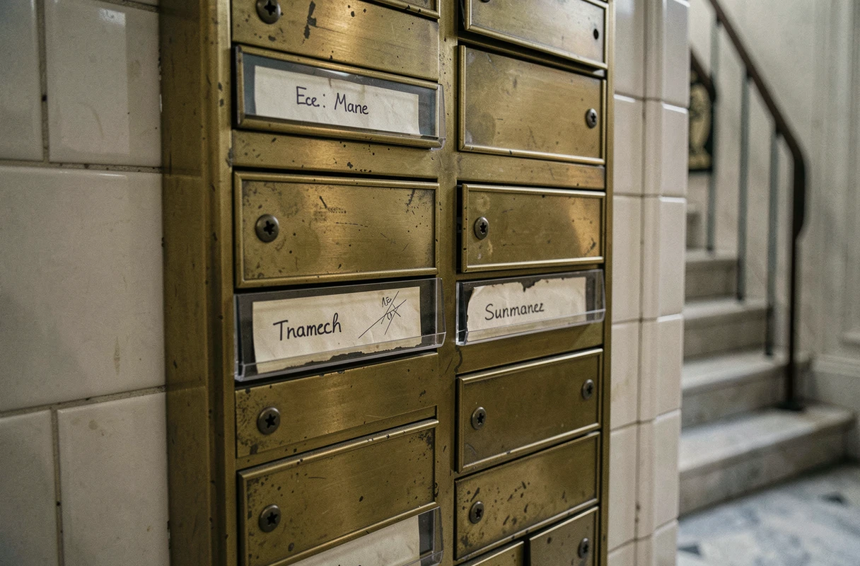 Gros plan sur un interphone d'immeuble avec plusieurs noms inscrits sur une même boîte aux lettres