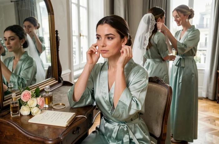 Préparatifs de mariage d'une mariée dans un appartement parisien avec ses demoiselles d'honneur en robes de satin