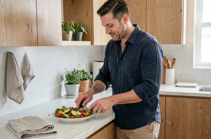 Homme préparant une salade saine dans une cuisine moderne pour illustrer une alimentation équilibrée et le soin de sa santé