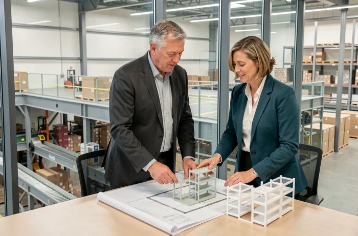 Deux professionnels examinant des plans et maquettes de solutions de stockage modulaires dans un bureau logistique vitré surplombant un entrepôt