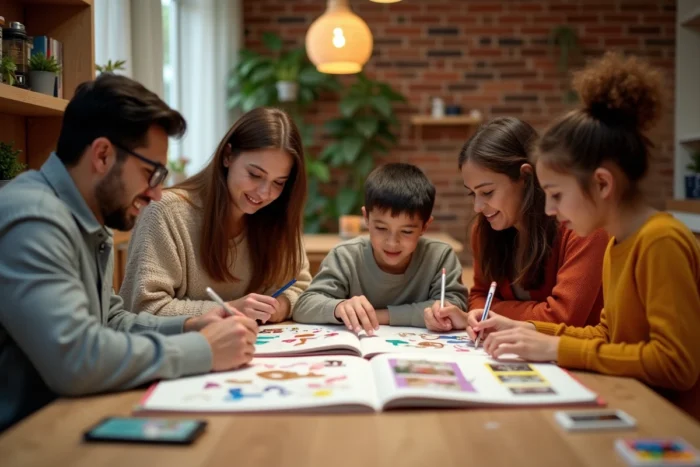 Groupe de quatre adultes réunis autour d'une grande table en bois, collaborant sur un grand livre de projet créatif collectif pour la famille avec aquarelles et photos