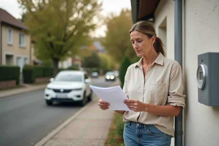 Propriétaire consultant un devis de raccordement électrique devant le compteur électrique de sa maison
