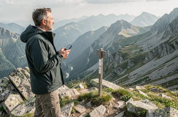 Randonneur contemplant un panorama de montagne avec son smartphone lors d'une aventure en altitude