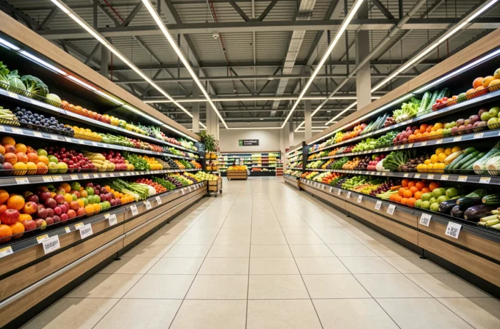 Rayon fruits et légumes d'un hypermarché Auchan modernisé avec étiquettes numériques et technologie de gestion digitale Pilot Birdy