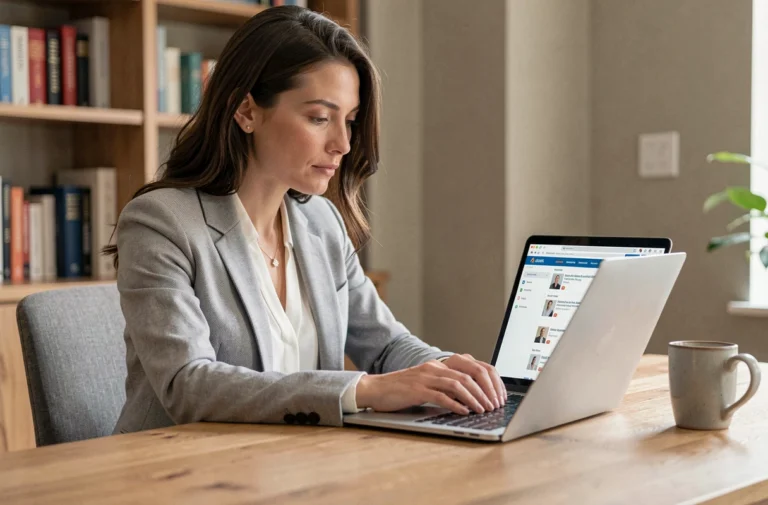 Femme en blazer gris cherchant un emploi sur un site généraliste depuis son bureau à domicile