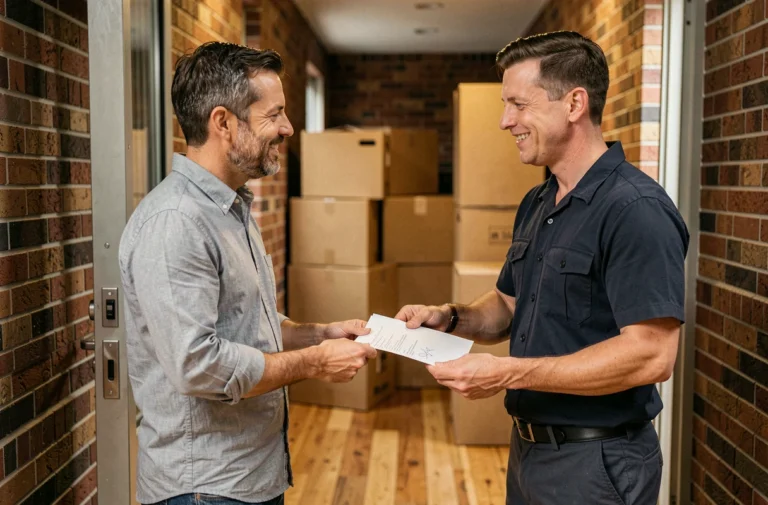 Un homme remet un document signé à un déménageur professionnel devant un immeuble d'appartements, symbolisant le règlement du paiement lors d'un déménagement