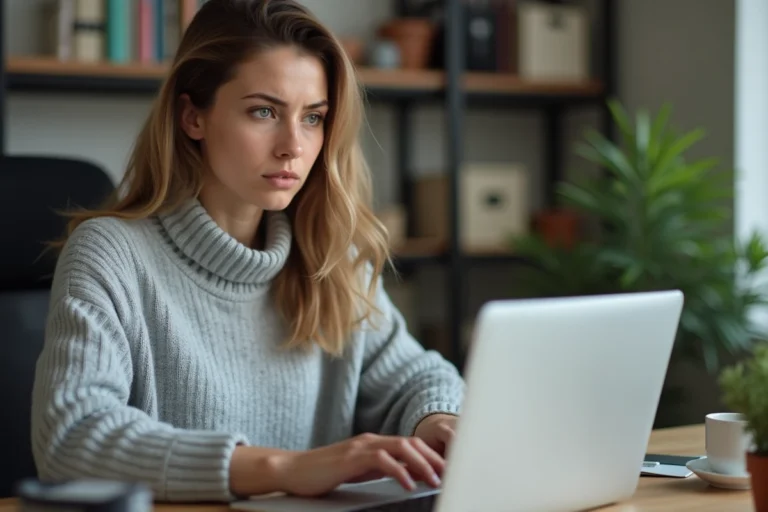 Femme réinitialisant son mot de passe MyFoncia sur un ordinateur portable depuis son bureau à domicile