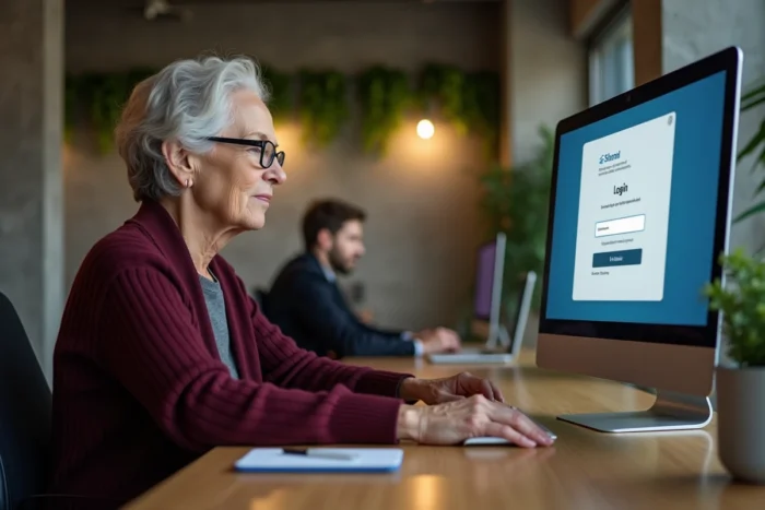 Femme senior consultant un formulaire de réinitialisation de mot de passe MyFoncia sur un ordinateur de bureau en espace de coworking