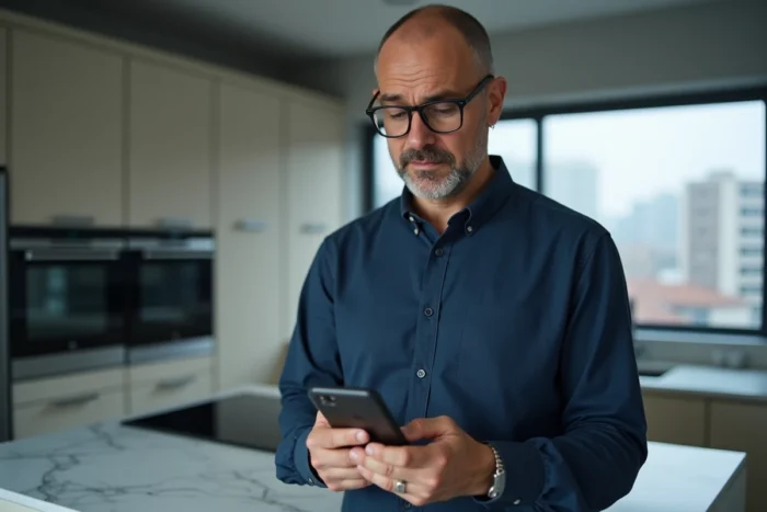 Homme utilisant son smartphone pour réinitialiser son mot de passe sur l'application MyFoncia dans une cuisine moderne