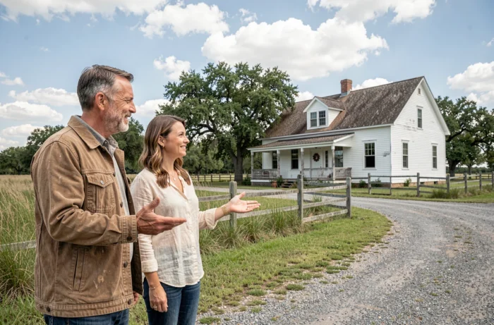 Duo de rénovateurs devant une ferme texane en cours de restauration entourée d'herbes sauvages et de pacanes