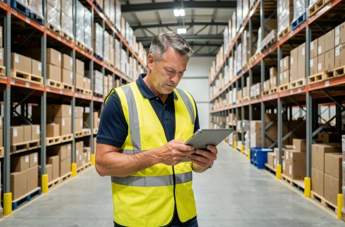 Responsable logistique en entrepôt inspectant des solutions de stockage sur tablette numérique, rangées de rayonnages métalliques organisés en arrière-plan