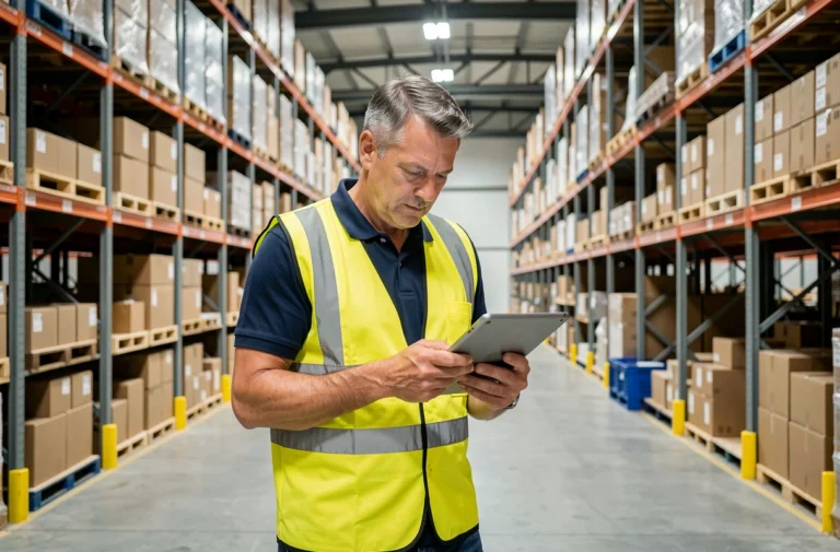 Responsable logistique en entrepôt inspectant des solutions de stockage sur tablette numérique, rangées de rayonnages métalliques organisés en arrière-plan